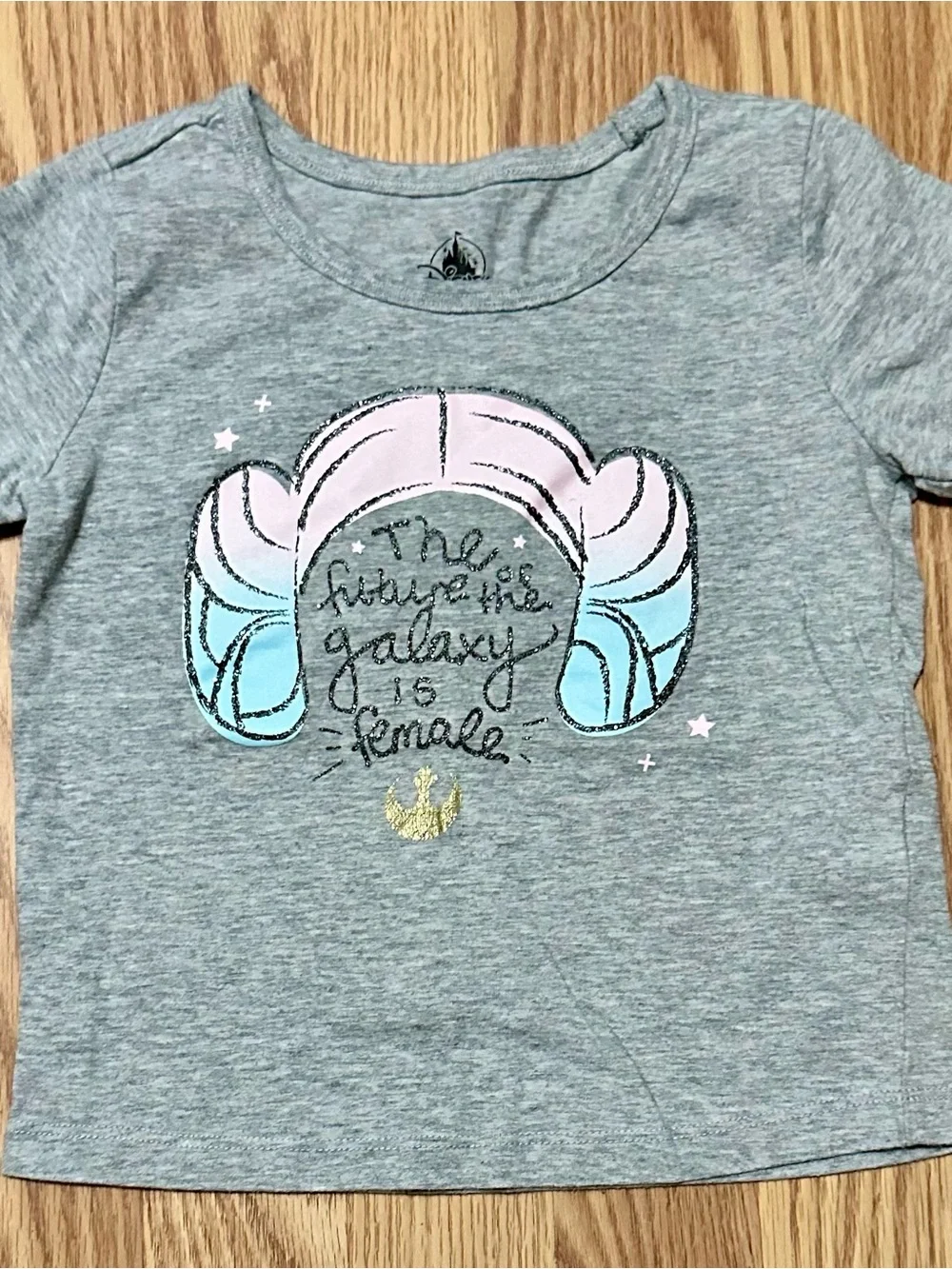 Disney Star Wars Gray Tee with Pink & Blue Graphic and Gold Accent
